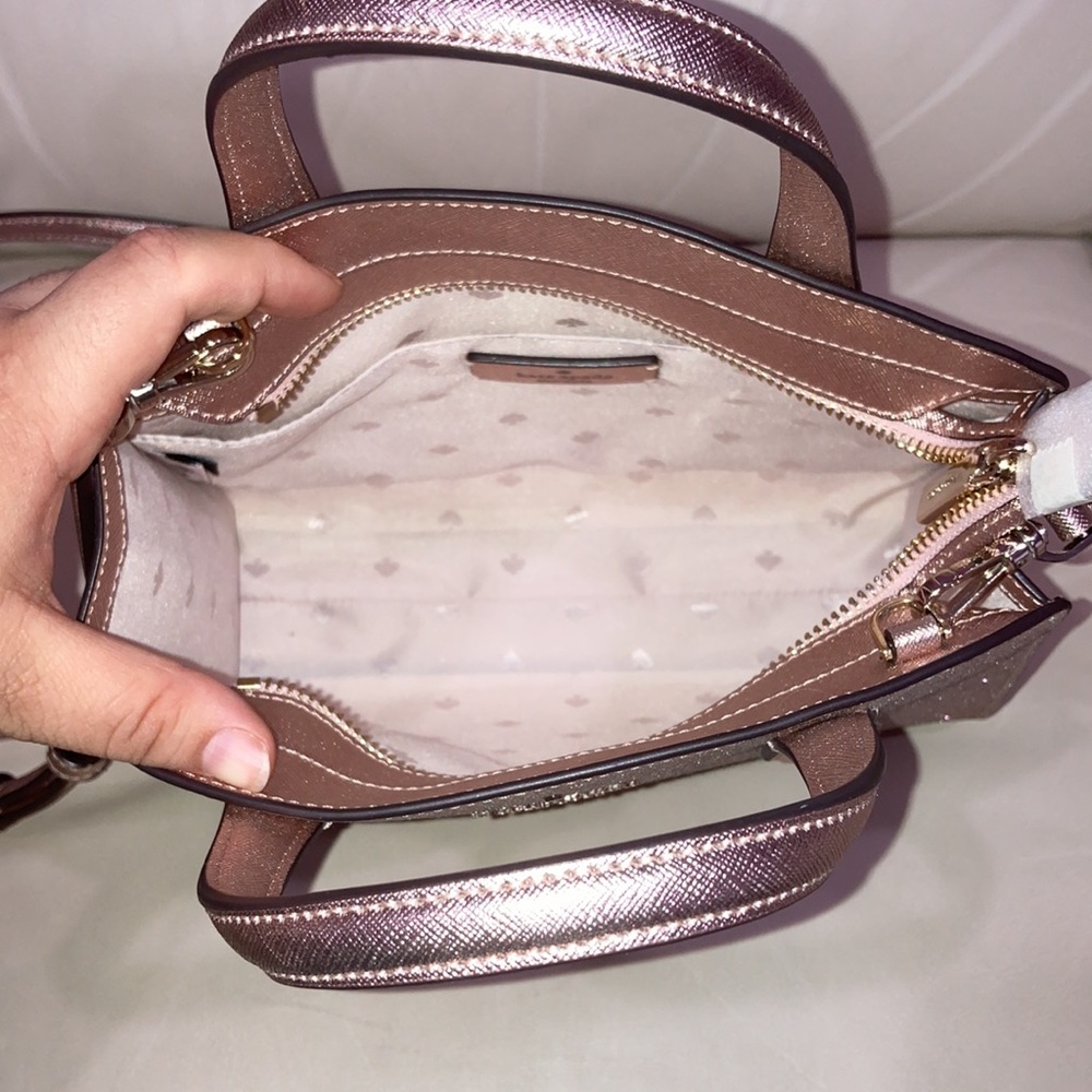 Kate Spade Rose Gold Tinsel Glitter Fabric Sparkle Satchel Purse Bag - Picture 7 of 14